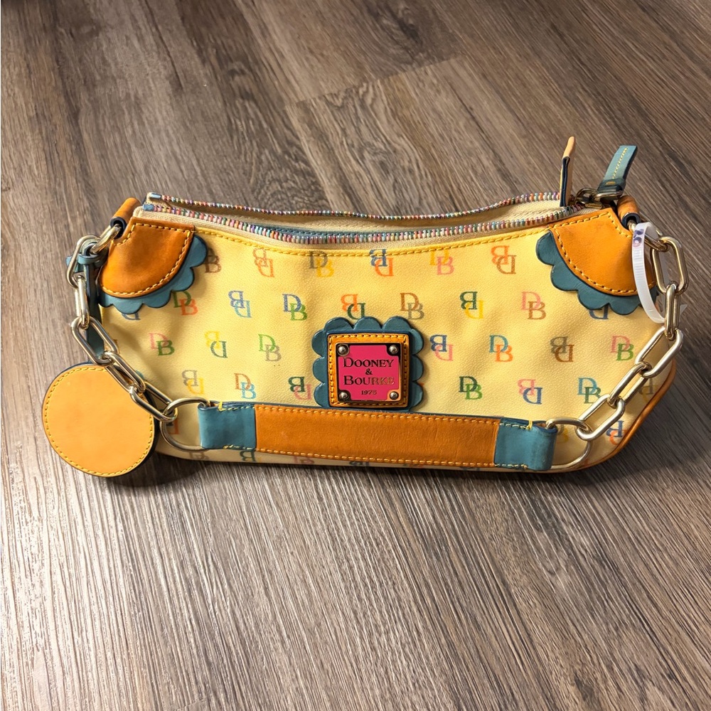 Dooney & Bourke Vintage Yellow Multicolor DB Logo Handbag with Teal Trim - Picture 10 of 16